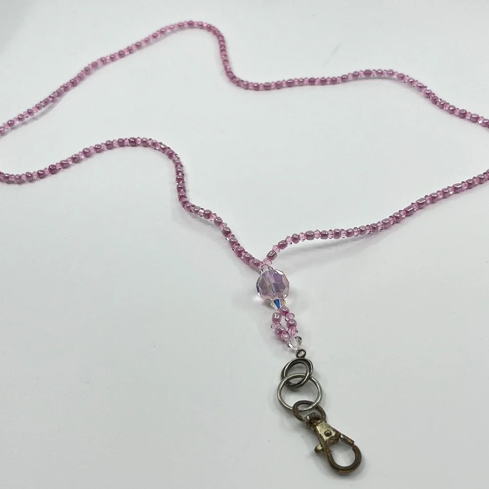 Vintage Y2K Pink Crystal Beaded‎ Lanyard Necklace ID Badge Holder Retro Boho